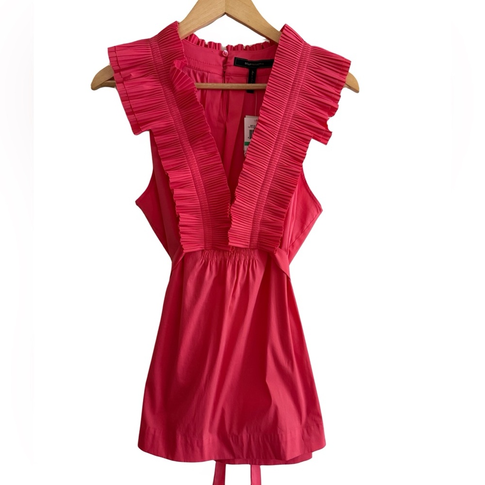 ✨NWT BCBGMaxAzria Hot Pink Pleated Ruffle Sleeveless Blouse Top Feminine Chic